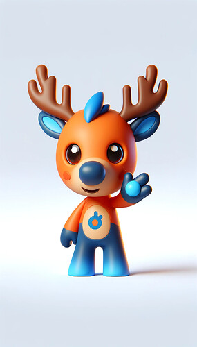 DALL·E 2023-12-10 11.41.10 - Create a 3D mascot concept that is a cute orange and blue moose (elk) for the Defold game engine, matching the design of the attached image. The masco
