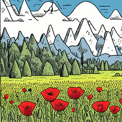 Tom Gauld_Tom Gauld, comic book style, fine art, sunny, Meadows of red poppies, snow-capped mountains in the background_image-2_1672313067