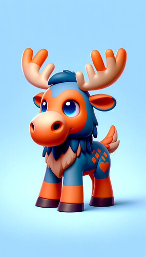 DALL·E 2023-12-10 00.43.58 - Create a 3D mascot concept that is a cute orange and blue moose (elk) for the Defold game engine. The mascot should be endearing and charismatic, with