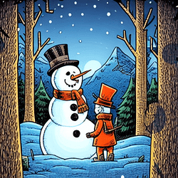 Tom Gauld_Tom Gauld, A snowman with a frightened face, A winter night forest in the background, comic book style, fine lining, trending on Artstation, blue lighting, portrait, snowy, windy_image-3_1672002232
