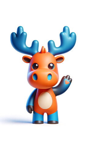 DALL·E 2023-12-10 11.54.22 - Create a 3D mascot concept that is a cute orange and blue moose (elk) for the Defold game engine, exactly matching the provided design, with the addit