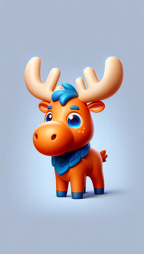 DALL·E 2023-12-10 10.09.35 - Create a 3D mascot concept that is a cute orange and blue moose (elk) for the Defold game engine. The mascot should be stylized and endearing, with a