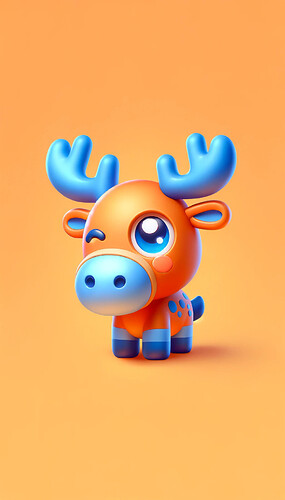DALL·E 2023-12-10 10.34.48 - Create a 3D mascot concept that is a cute orange and blue moose (elk) for the Defold game engine, exactly matching the design of the attached image, b