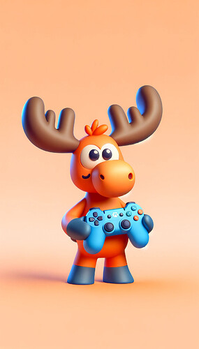 DALL·E 2023-12-10 15.19.24 - Create a 3D mascot concept that is a cute orange and blue moose (elk) for the Defold game engine, exactly matching the provided design, with the addit