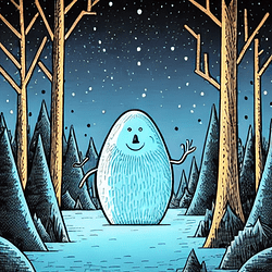 Tom Gauld_Tom Gauld, A winter night forest in the background, comic book style, fine lining, trending on Artstation, blue lighting, snowy, windy, close-up portrait, An yeti with a frightened face_image-6_1672002887