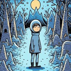 Tom Gauld_Tom Gauld, A winter night forest in the background, comic book style, fine lining, trending on Artstation, blue lighting, snowy, windy, close-up portrait, An yeti with a frightened face_image-1_1672002887